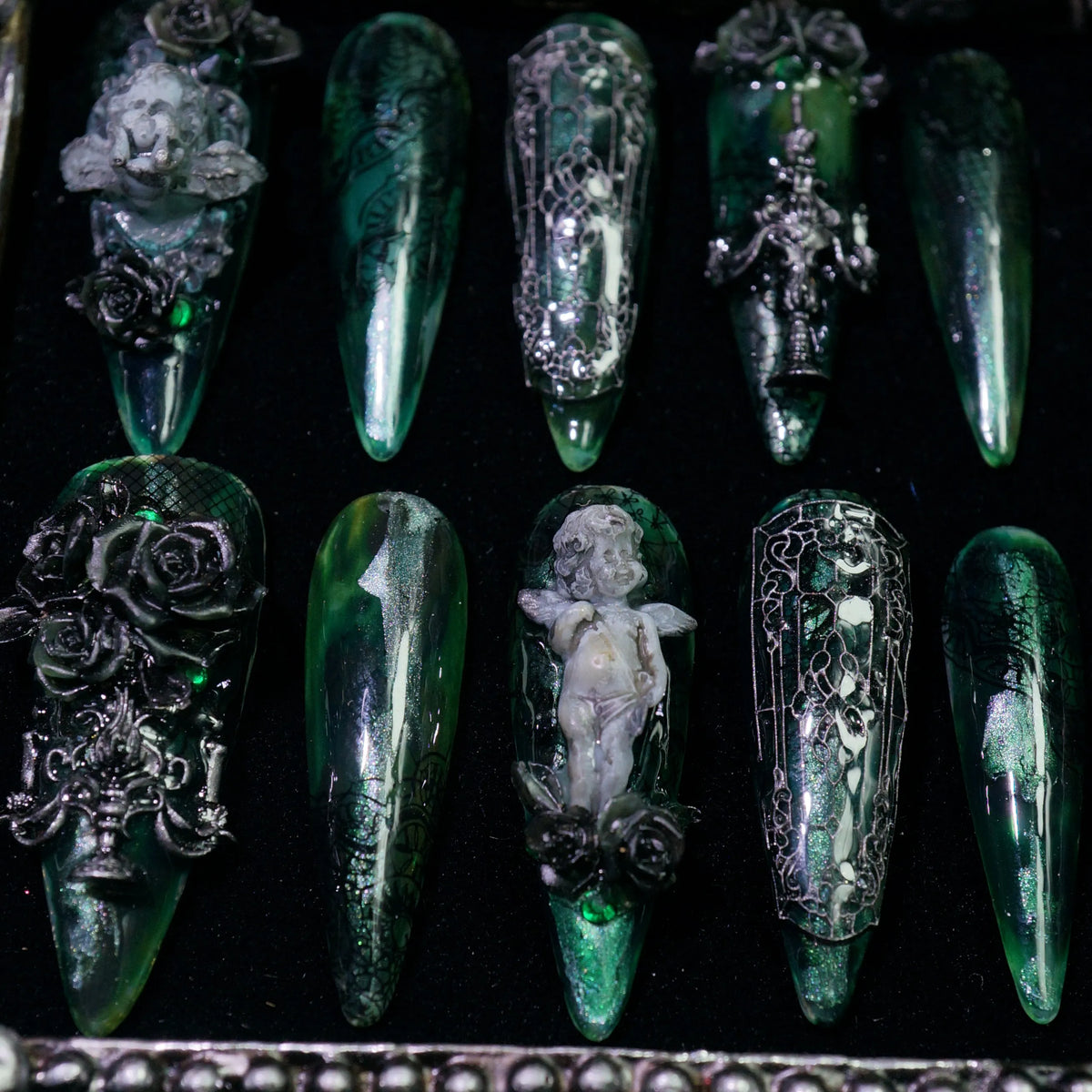 Jade Phantom press-on nails, side view of ghostly jade shimmer