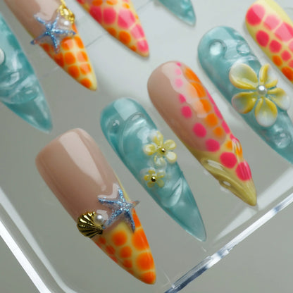 Neon Reef close-up detail showing vibrant neon orange coral and translucent ocean blue gel nail art – Donailsart