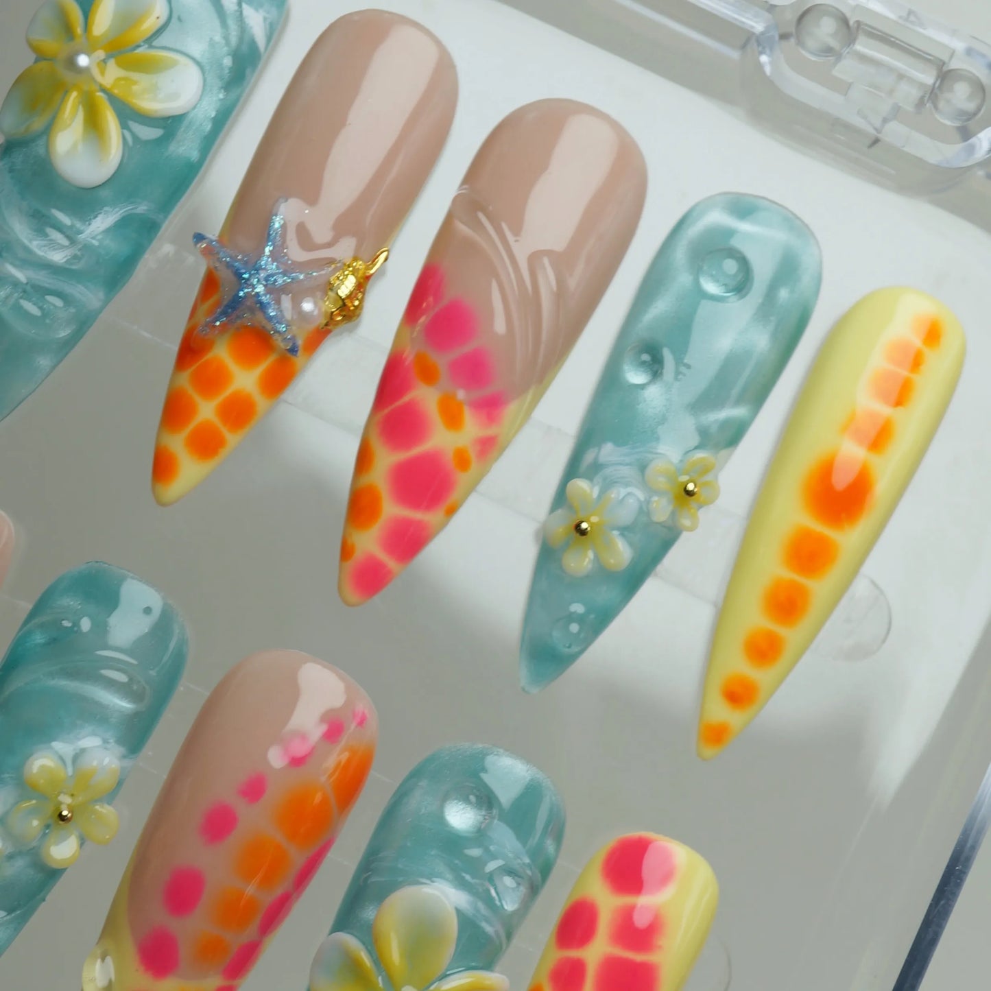 Neon Reef nail art detail view featuring bright coral bloom accents and fluid underwater gel effects – Donailsart