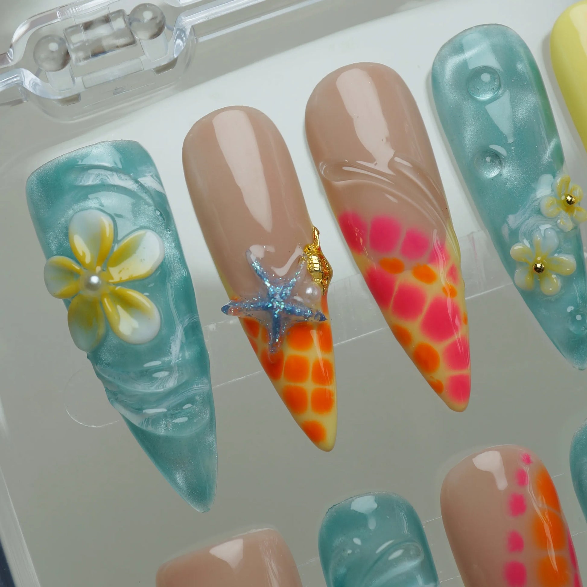 Neon Reef press-on nail set product view with bold neon coral and ocean-inspired summer nail art by Donailsart