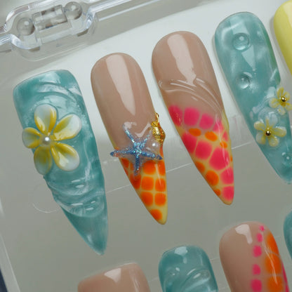 Neon Reef press-on nail set product view with bold neon coral and ocean-inspired summer nail art by Donailsart