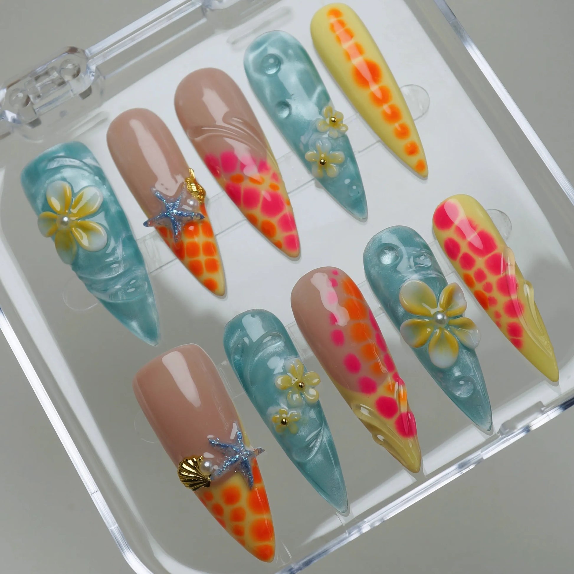 Neon Reef press-on nails on display showing the full neon coral reef nail art collection – Donailsart