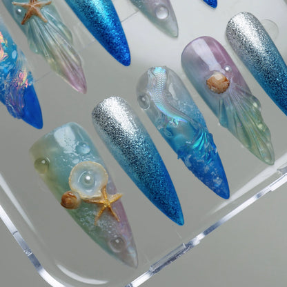 Aqualume nail art detail view featuring underwater shimmer gradient and delicate glossy sea element designs – Donailsart