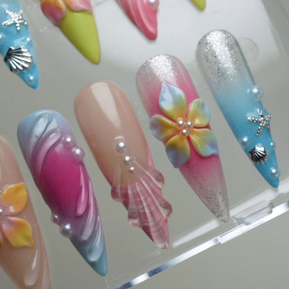 Lushwave close-up detail showing vibrant pink and coral gradient with glossy shell texture nail accents – Donailsart