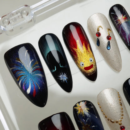 Howl's Moving Castle close-up detail showing intricate castle and magical fire nail art designs – Donailsart