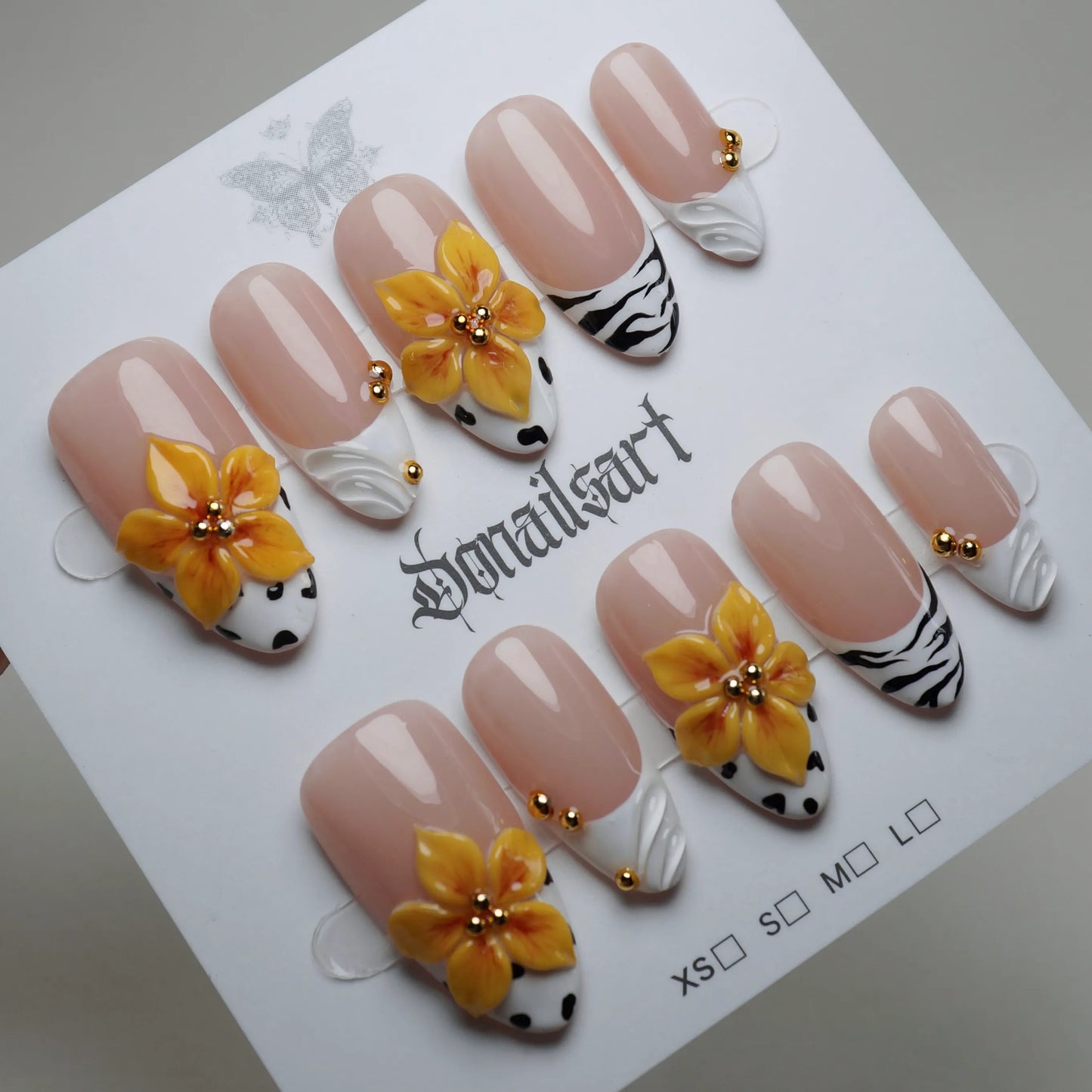 B6 | Honey Bloom press-on nails on display showing the full warm nude and chrome gradient nail art collection – Donailsart