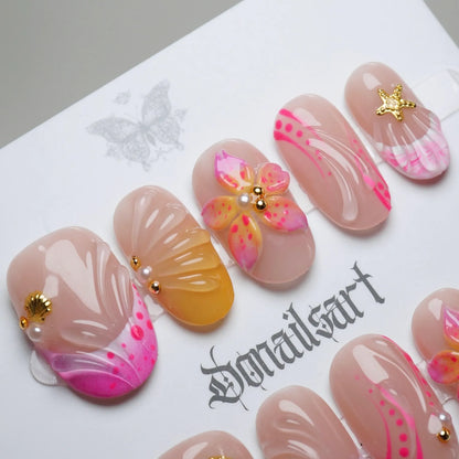A29 | Sunburst Petals press-on nail set product view with bold hot pink, orange, and gold floral summer nail art by Donailsart