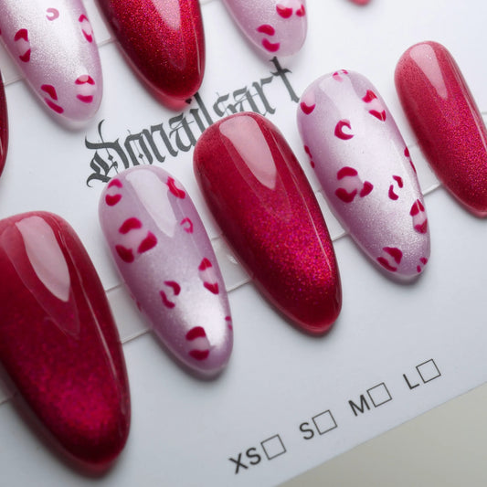 B8 | Sugar Kisses press-on nails on display showing the full red shimmer and pink leopard nail art collection – Donailsart