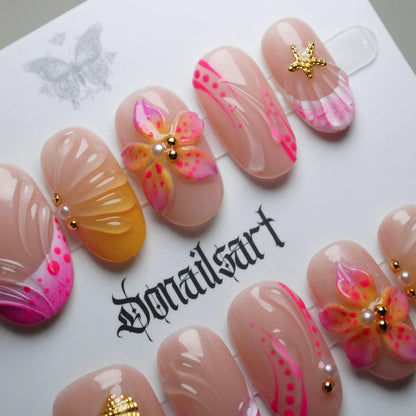 A29 | Sunburst Petals close-up detail showing sculpted blooming petal accents in hot pink and sunlit orange on a nude nail – Donailsart
