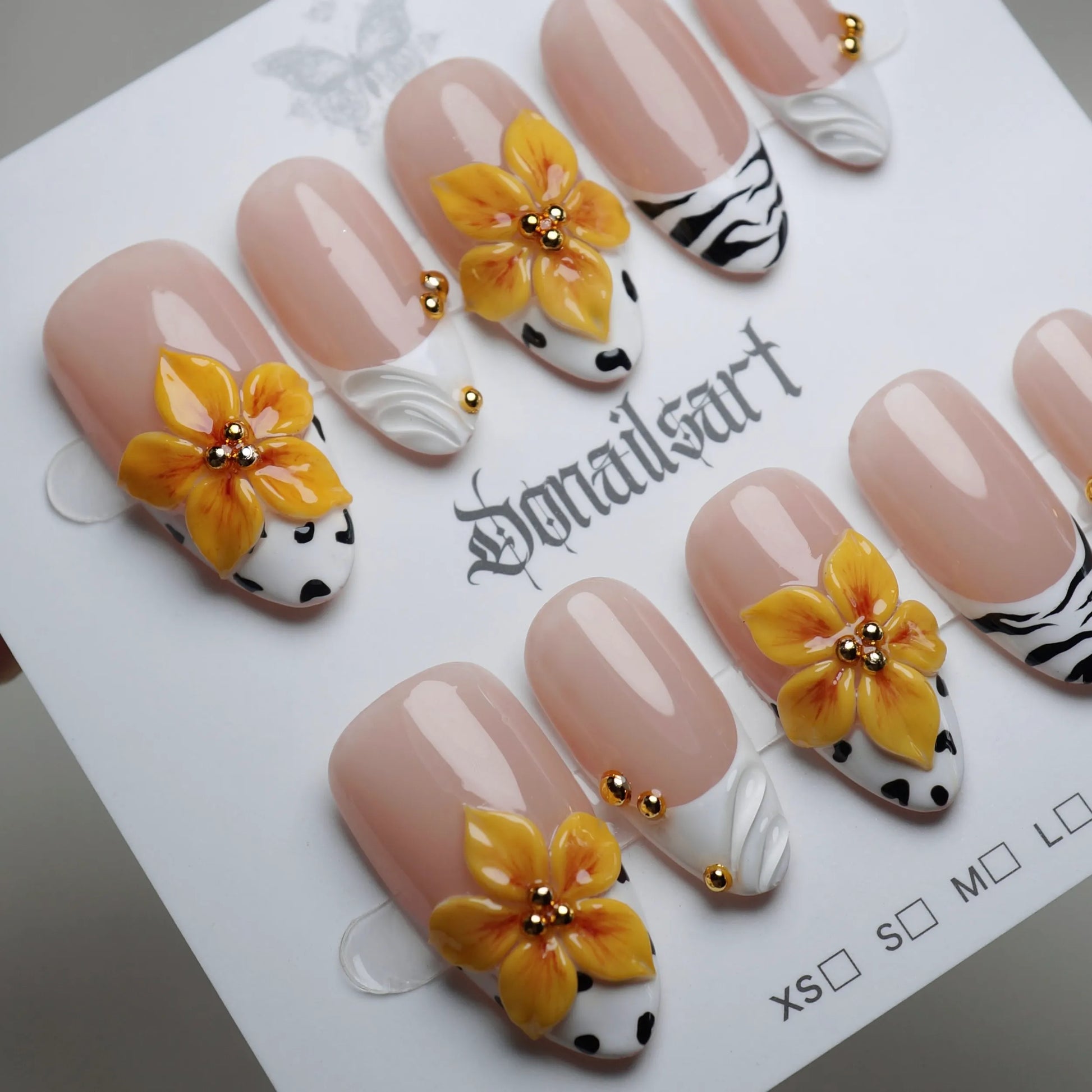 B6 | Honey Bloom press-on nail set product view with refined warm nude and liquid chrome nail art by Donailsart