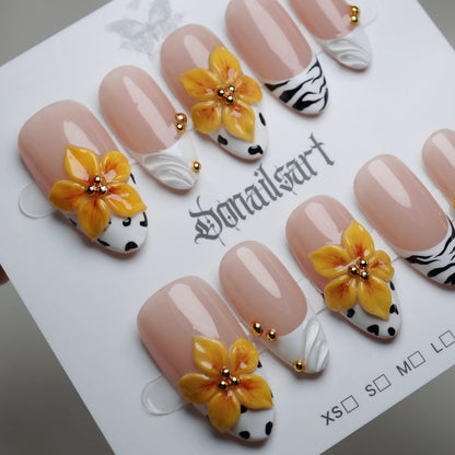 B6 | Honey Bloom press-on nail set product view with refined warm nude and liquid chrome nail art by Donailsart