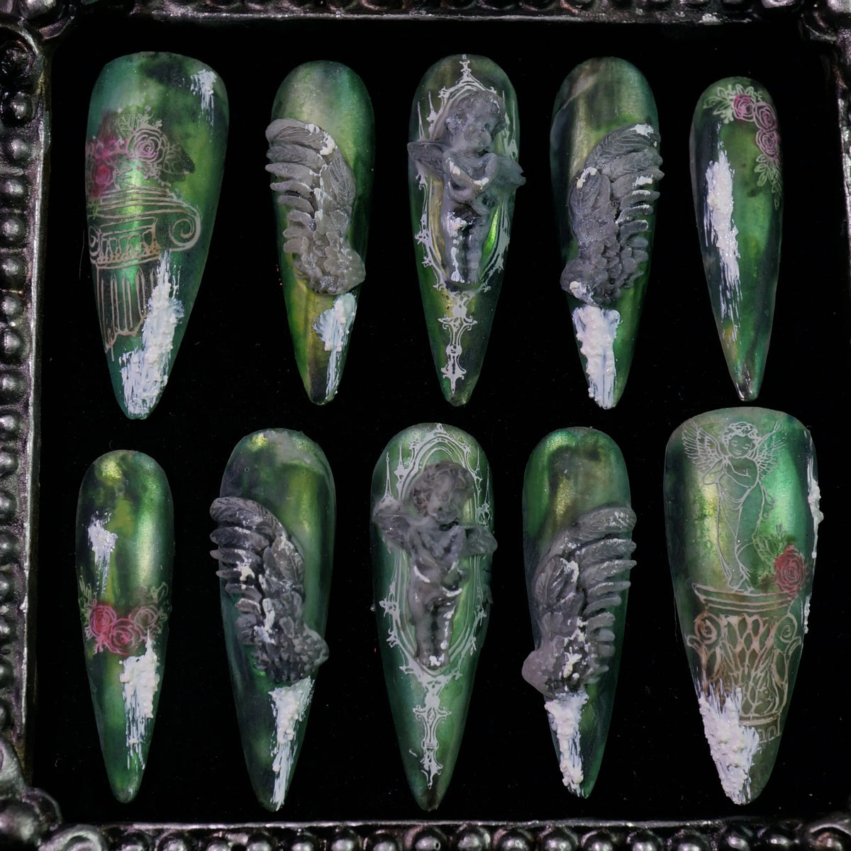 Hanging Garden press-on nails, close-up of green floral and vine details