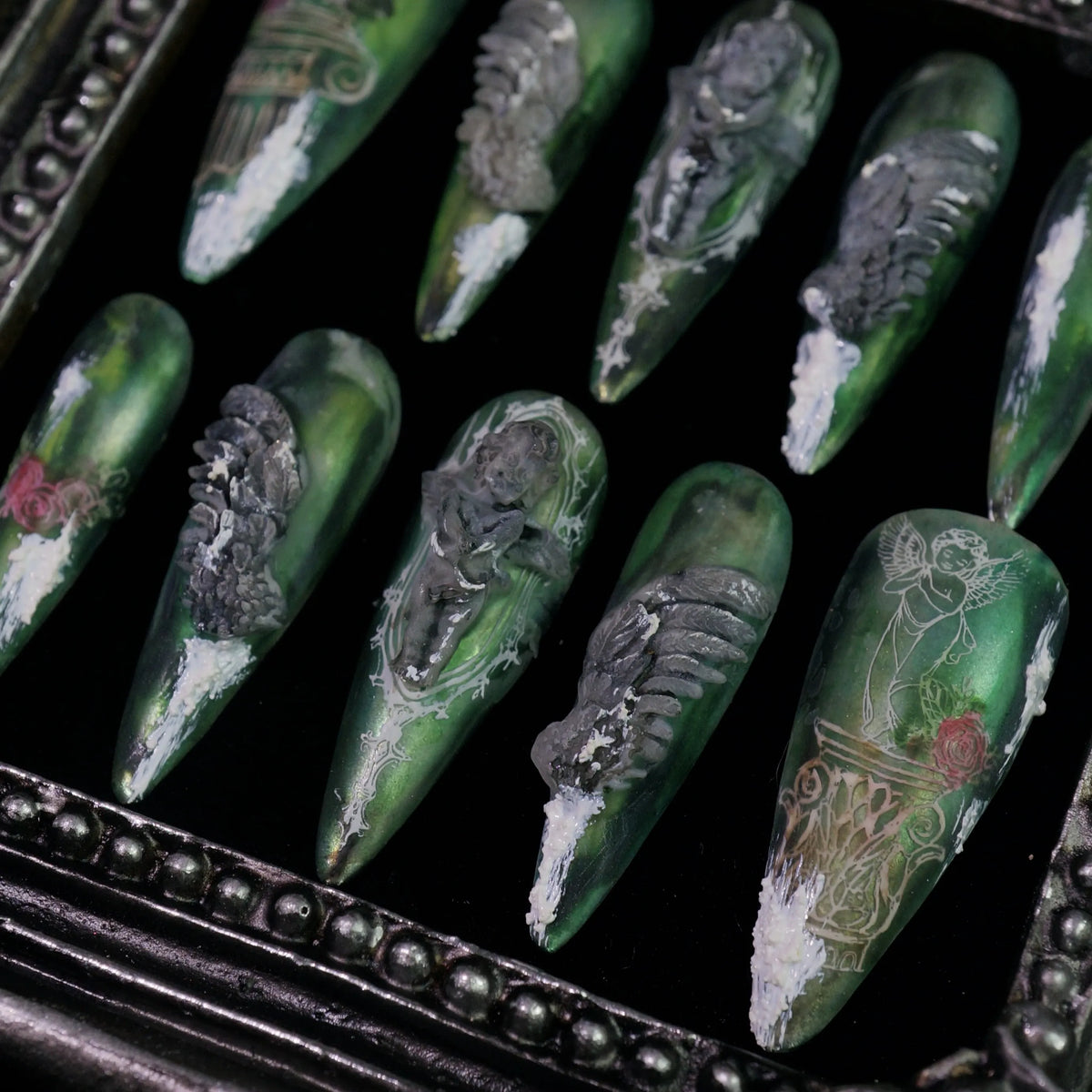 Hanging Garden press-on nails, detail shot of green floral and vine details