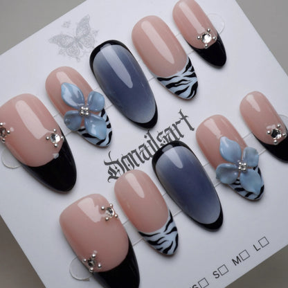 B1 | Velour Static nail art detail view featuring glossy black tips and sculpted florals on blue safari press-on nails – Donailsart