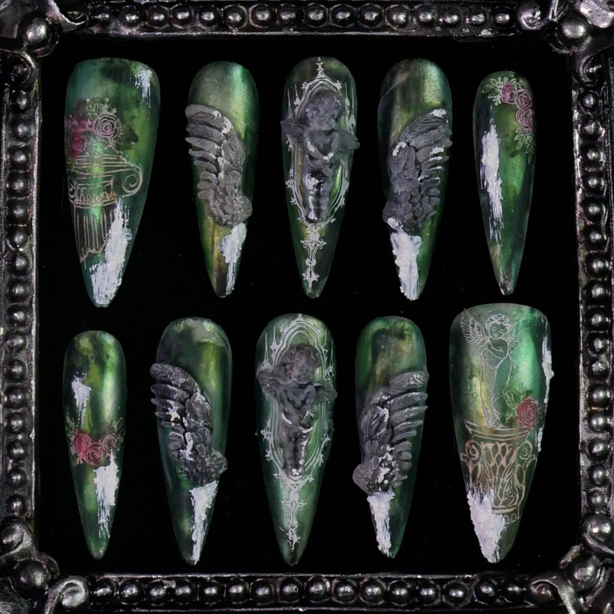 Hanging Garden press-on nails: green and silver stiletto nails with dimensional floral and vine details