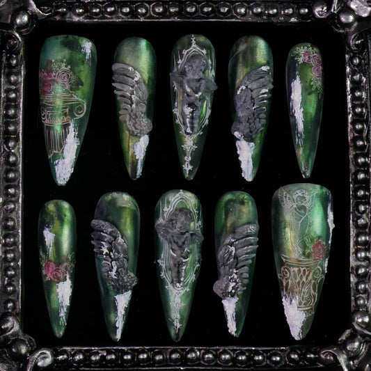 Hanging Garden press-on nails: green and silver stiletto nails with dimensional floral and vine details