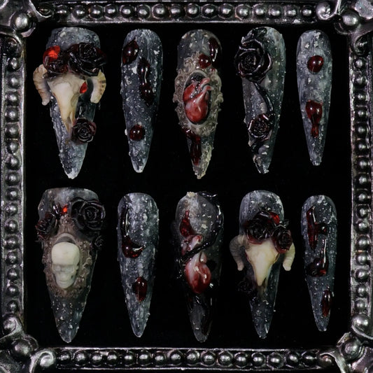 Baphomet press-on nails: stone-textured nails with sculpted 3D skulls, red roses and gems