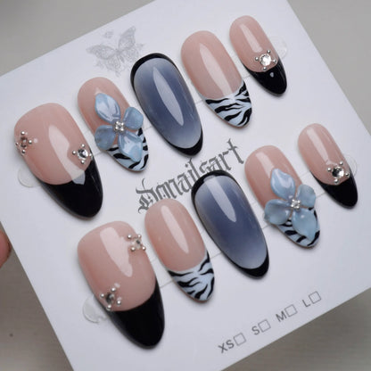 B1 | Velour Static press-on nail set product view with elegant nude blue and zebra floral nail art by Donailsart