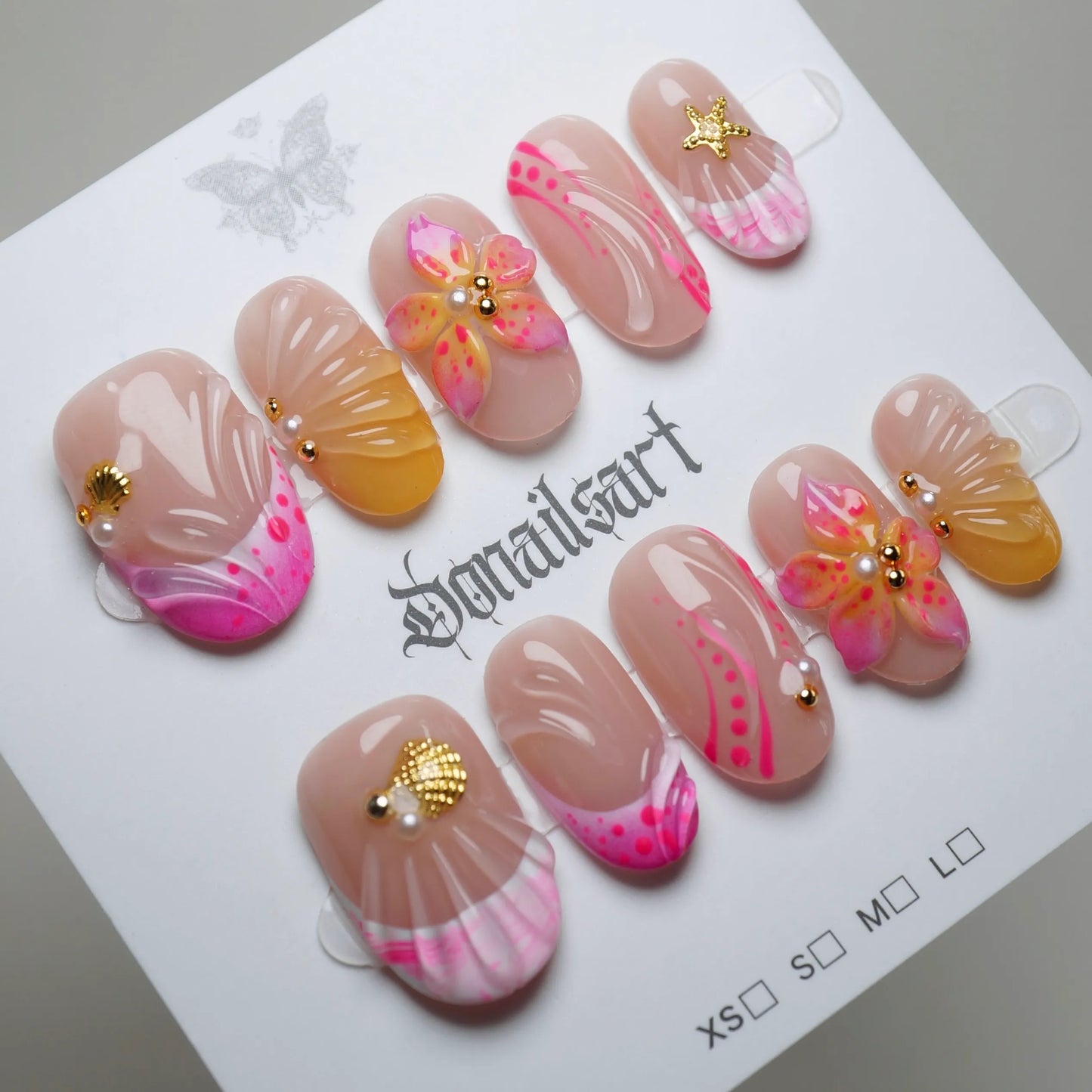 A29 | Sunburst Petals press-on nails on display showing the full hot pink and orange sculpted floral nail art collection – Donailsart