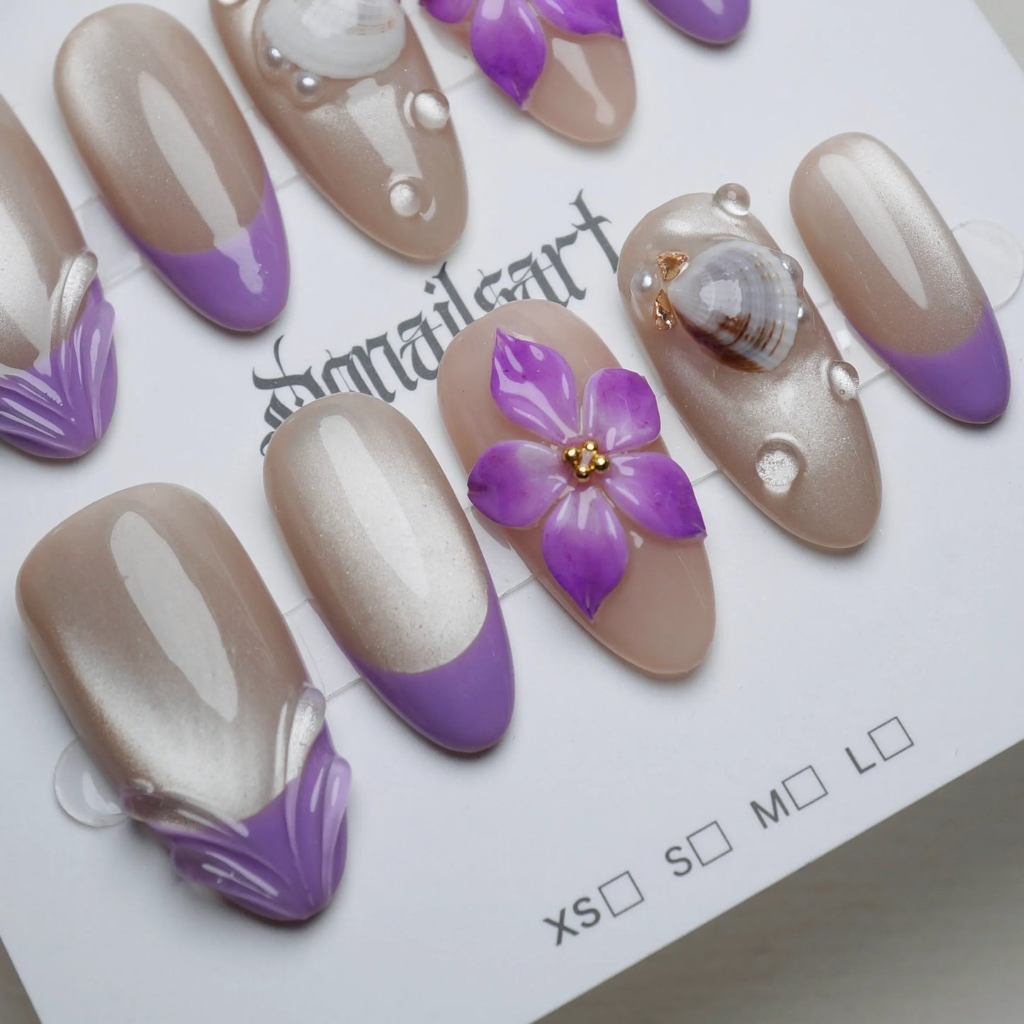A28 | Violet Shore press-on nail set product view with dreamy pearl lilac and violet shoreline nail art by Donailsart