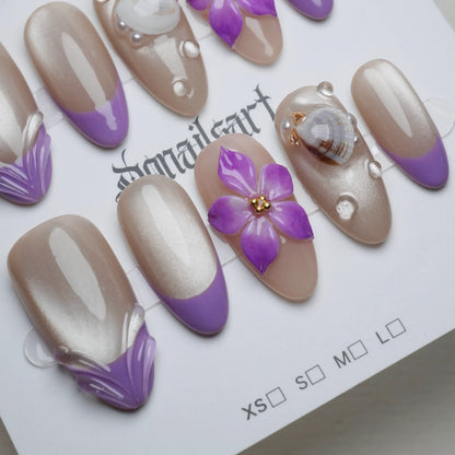 A28 | Violet Shore press-on nail set product view with dreamy pearl lilac and violet shoreline nail art by Donailsart