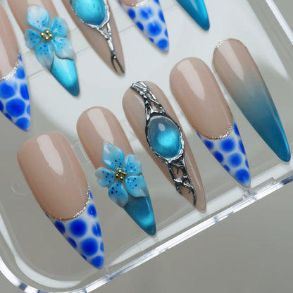 Aqua Circuit press-on nail set product view with futuristic aqua blue and chrome floral nail art by Donailsart