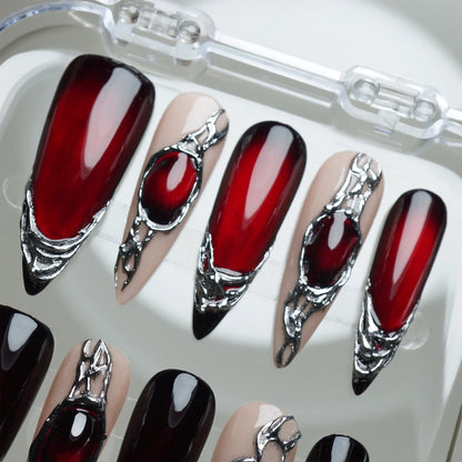 Red Alloy nail art detail view featuring sharp crimson and chrome engineered press-on nail design – Donailsart