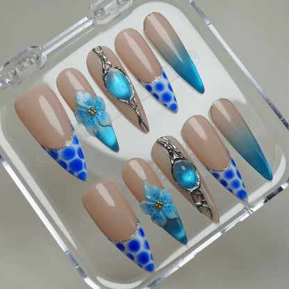 Aqua Circuit press-on nails on display showing the full blue gradient chrome nail art collection – Donailsart