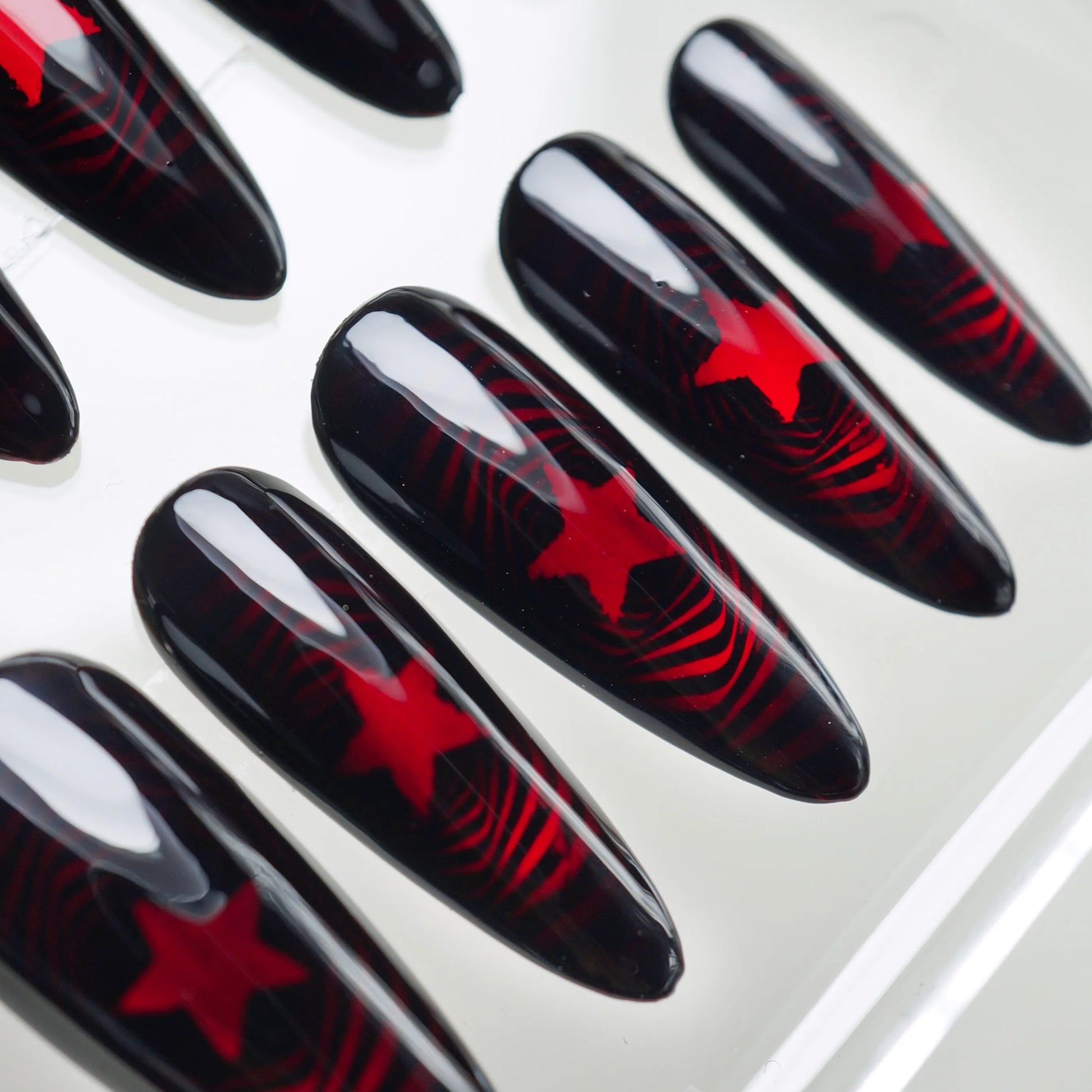 Neural Red nail art detail view featuring sharp red neural wave patterns on black cybercore press-on nails – Donailsart