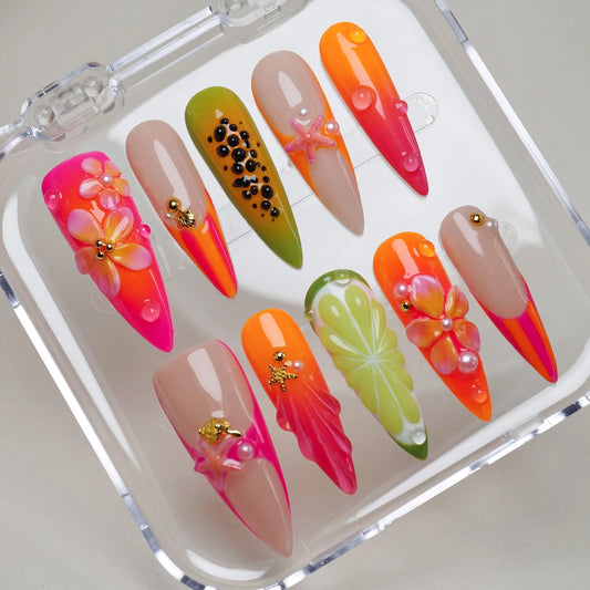 Papaya Splash press-on nails on display showing the full tropical fruit and ocean nail art collection – Donailsart