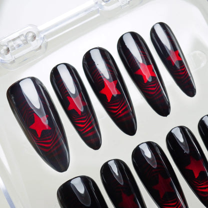 Neural Red close-up detail showing glowing crimson data stream pattern shifting like a digital signal beneath glossy black nails – Donailsart