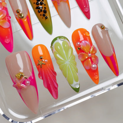 Papaya Splash nail art detail view featuring citrus orange and hot pink gradient with ocean-inspired nail designs – Donailsart