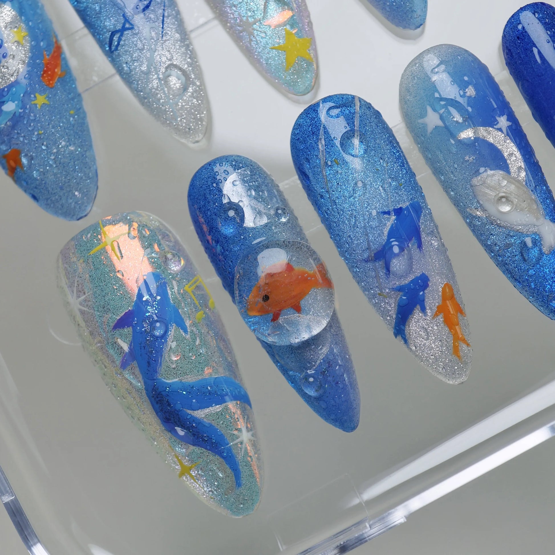 Starlit Aquarium nail art detail view featuring 3D bubble effects and watery depth on midnight blue nails – Donailsart
