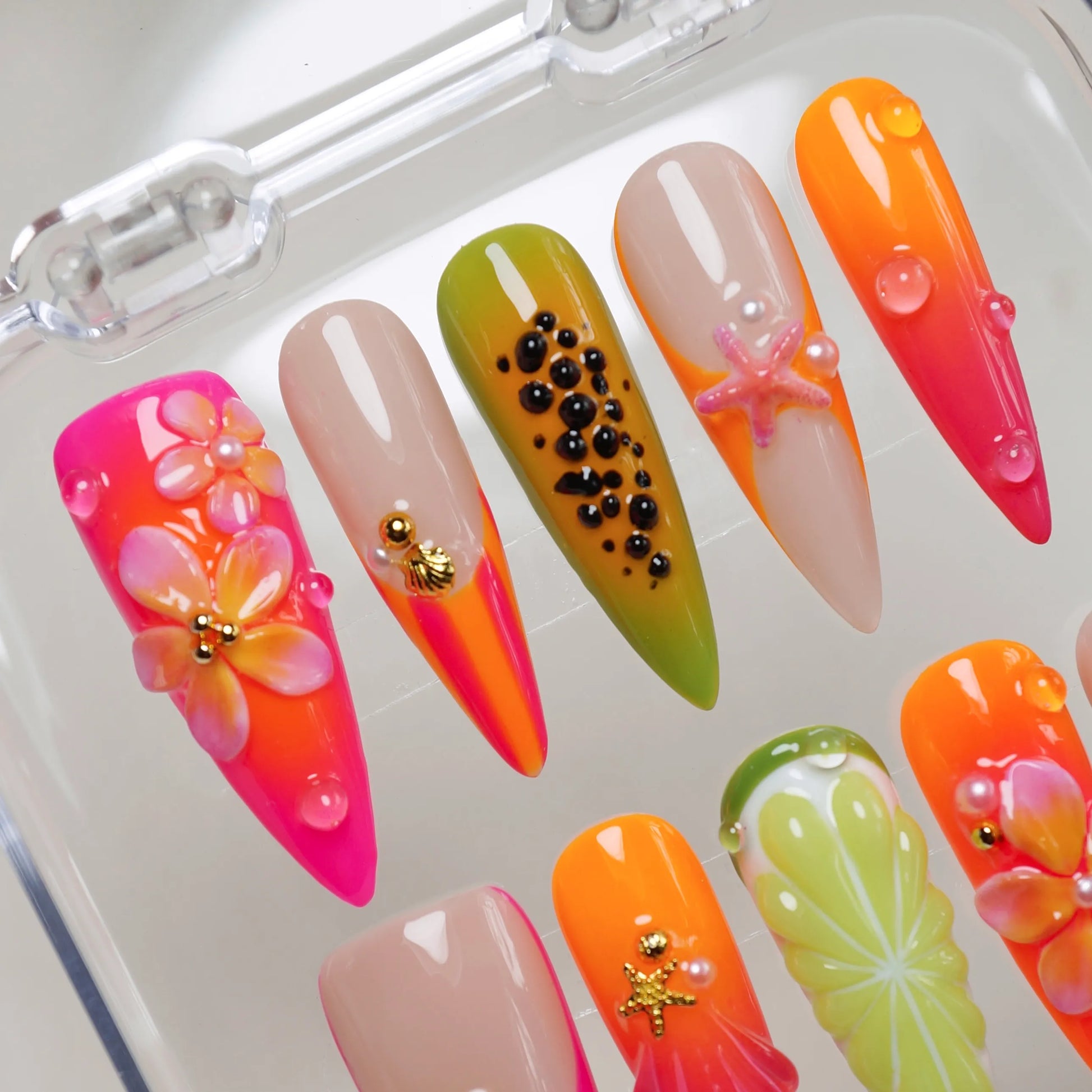 Papaya Splash close-up detail showing 3D starfish accent and papaya orange fruit nail art with glossy tropical finish – Donailsart