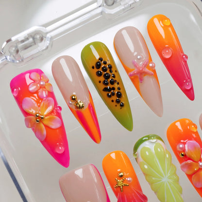 Papaya Splash close-up detail showing 3D starfish accent and papaya orange fruit nail art with glossy tropical finish – Donailsart