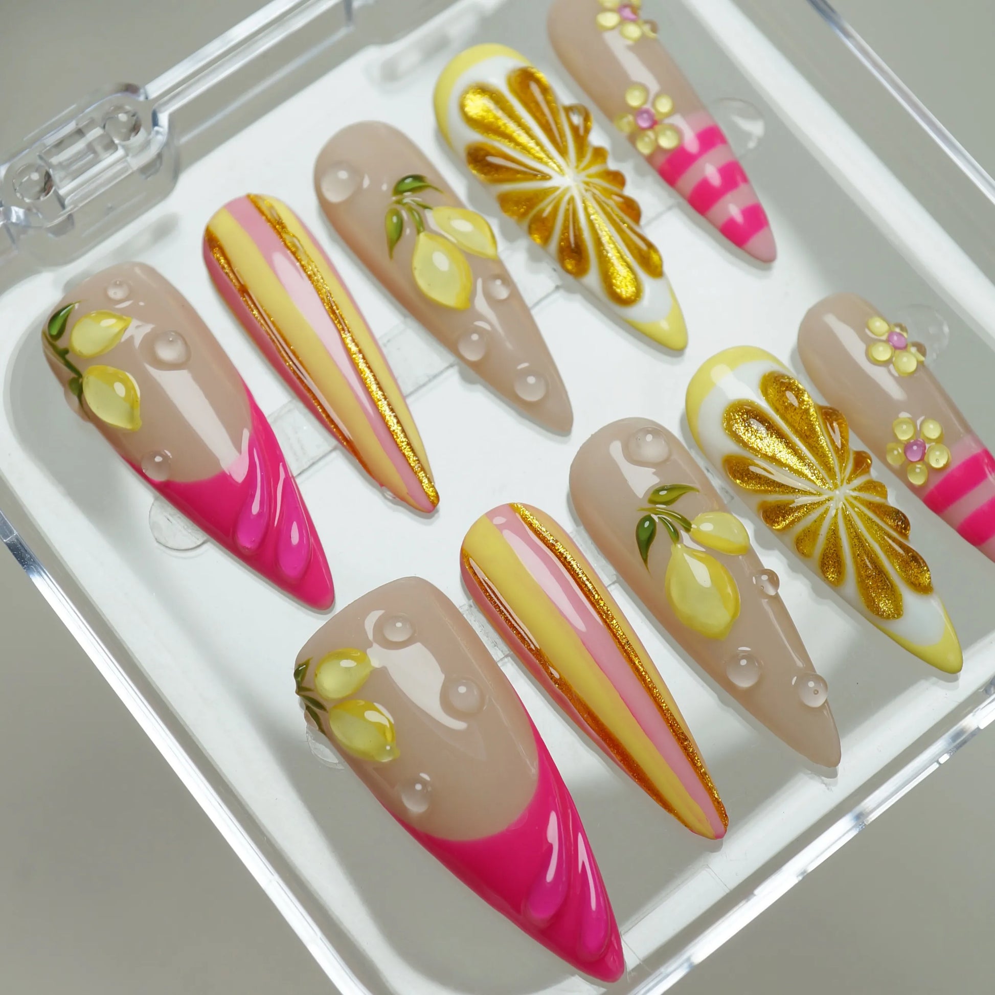 Lemon Sugar Rush close-up detail showing juicy lemon slice and hot pink candy stripe nail art designs – Donailsart