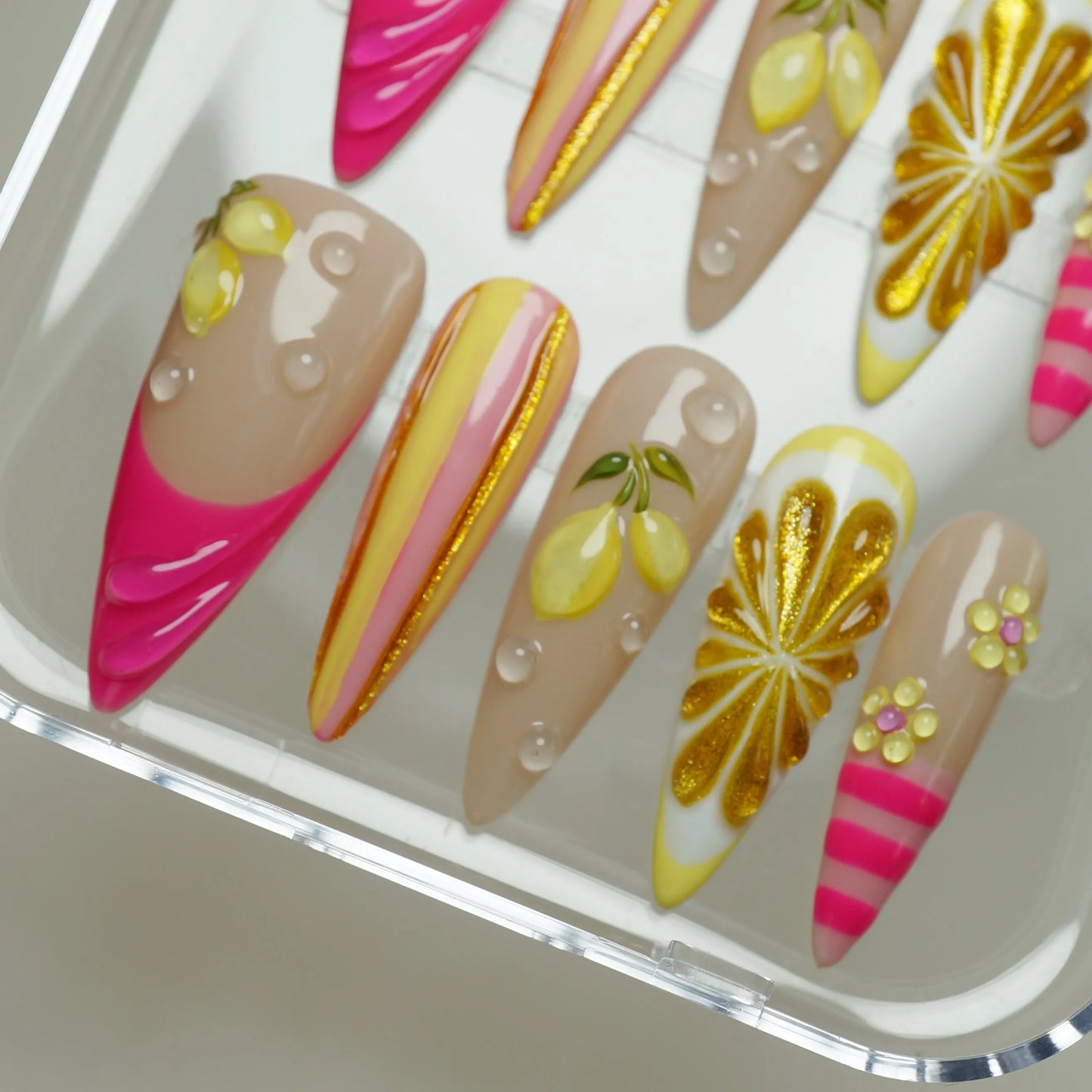 Lemon Sugar Rush nail art detail view featuring glossy citrus and sugar stripe summer nail designs – Donailsart