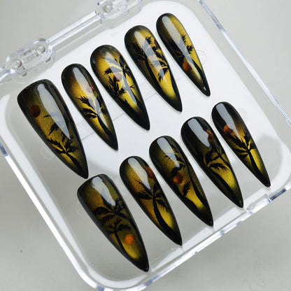 Island Sunrise press-on nails on display showing the full tropical beach horizon nail art collection – Donailsart
