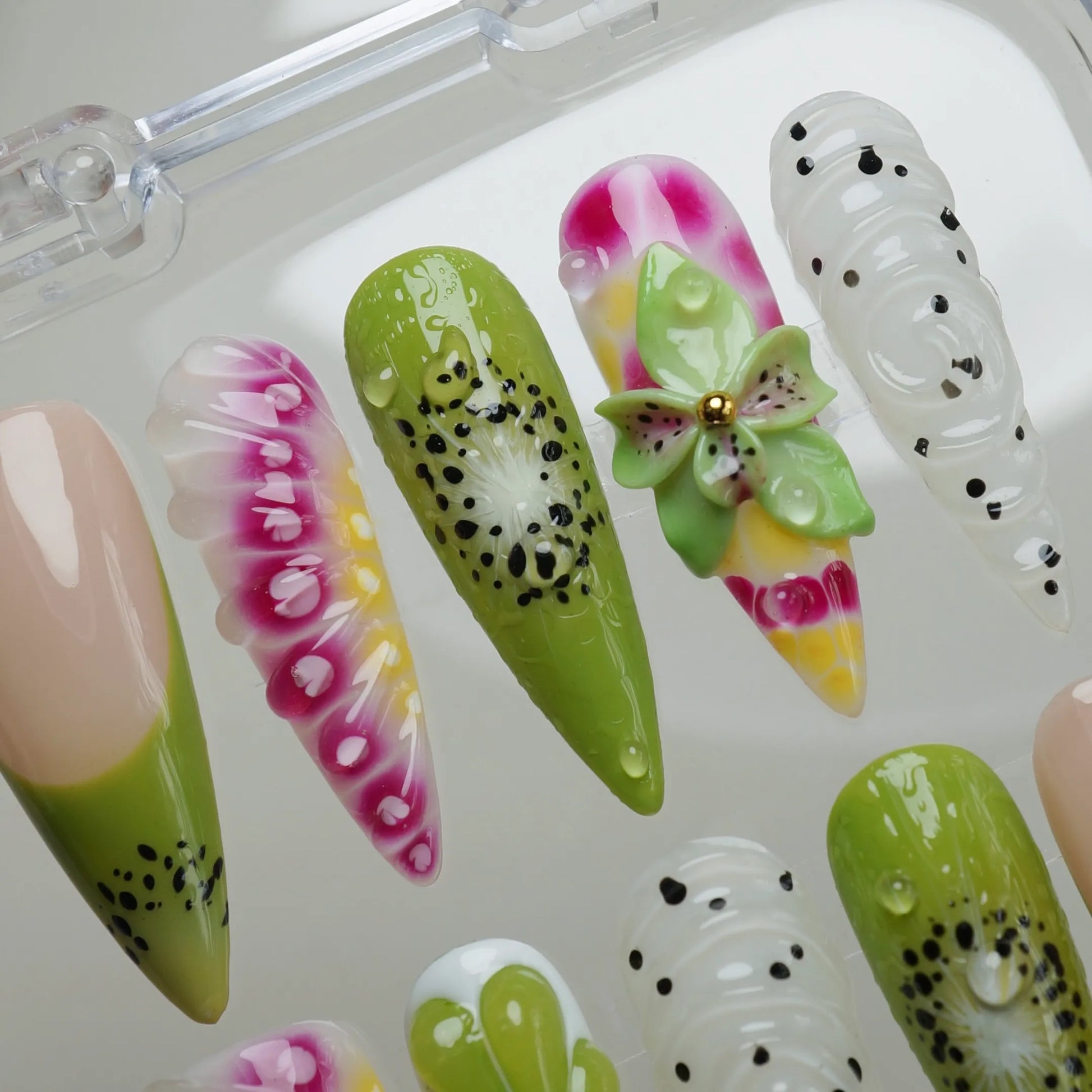 Fruit Static close-up detail showing glossy jelly finish and water-drop accents in vivid kiwi green and dragon fruit pink – Donailsart
