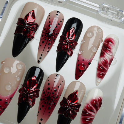 Rouge Relic press-on nail set product view with moody dark feminine floral and gel nail art by Donailsart