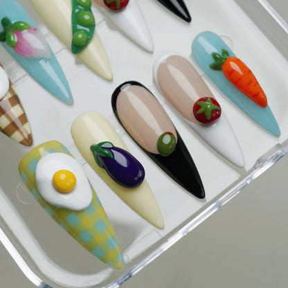 Picnic Plate press-on nails side angle featuring colorful picnic-inspired vegetable nail art designs – Donailsart