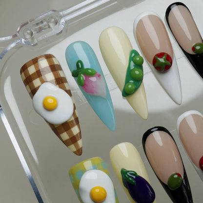 Picnic Plate close-up detail showing sculpted 3D food accents including fried egg and garden vegetable nail art – Donailsart