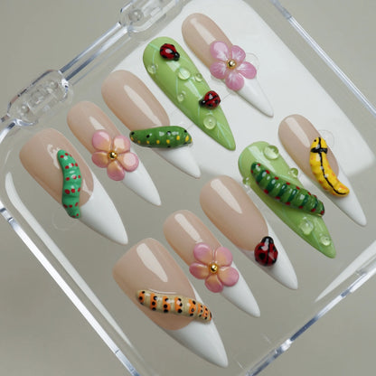 Mini Bug press-on nails on display showing the full playful garden bug-themed nail art collection – Donailsart