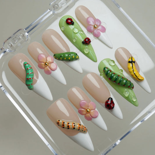Mini Bug press-on nails on display showing the full playful garden bug-themed nail art collection – Donailsart