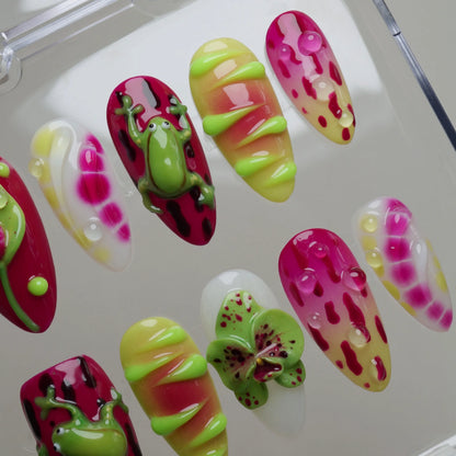 Colorful nail art designs on a white surface