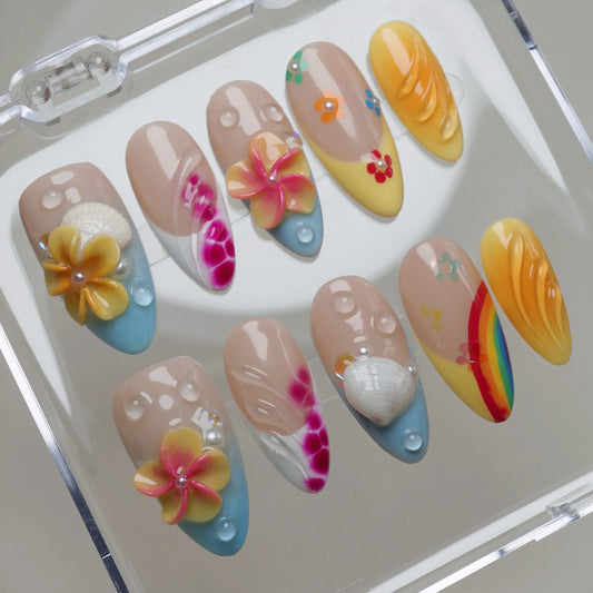 Island Candy press-on nails on display showing the full tropical beach-inspired nail art collection – Donailsart