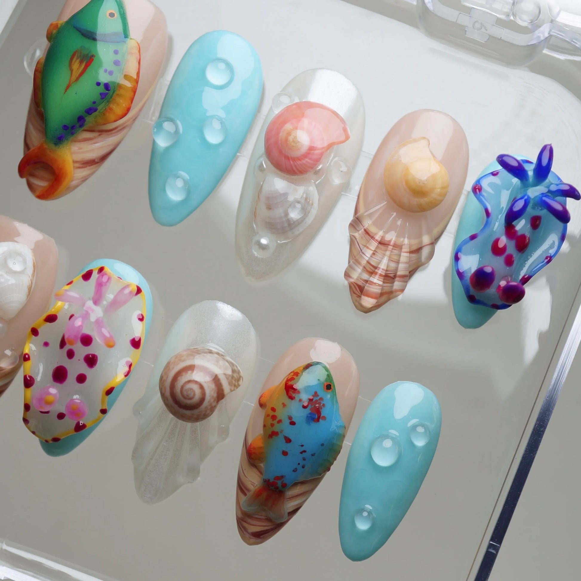 Colorful shell-shaped nail art designs on a white surface
