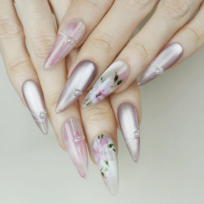 Petal Drift press-on nails on display showing the full pearl and blush pink botanical floral nail art collection – Donailsart