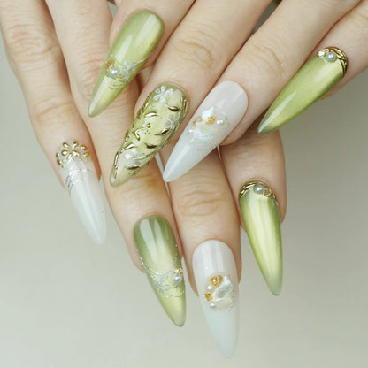Laurel Veil press-on nails on display showing the full sage green and gold botanical nail art collection – Donailsart