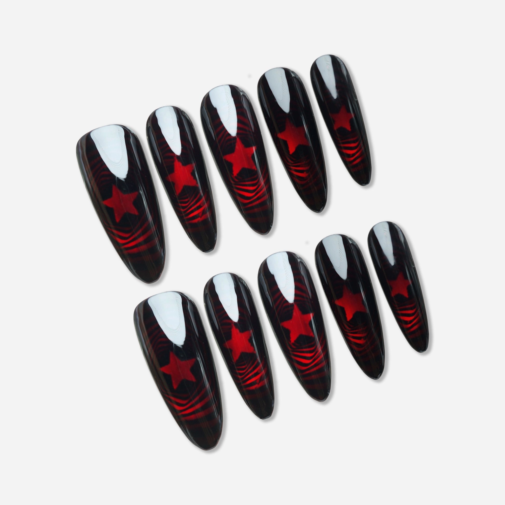 Neural Red press-on nail set by Donailsart – futuristic black glass nails with glowing crimson neural signal patterns and data stream designs